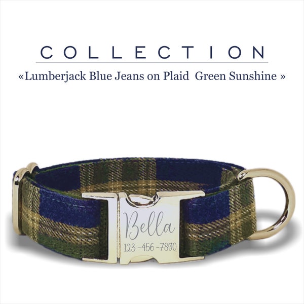 Blue Jeans Custom Dog Collar on Plaid Green Sunshine, Lumberjack Collection, Adjustable Sizes XS, S, L, M, XL,  Metal Buckle Personalized.