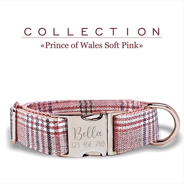 Soft Pink Custom Dog Collar, Plaid Prince of Wales, Adjustable  for Small, Medium, and Large Dogs, Metal Buckle Engraved.