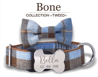 Collare per cani personalizzato con fibbia in osso, plaid in tweed blu baby e marrone, misure regolabili per cani piccoli, medi e grandi.