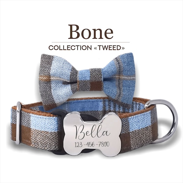 Collier pour chien personnalisé avec boucle en os, carreaux en tweed bleu ciel et marron, tailles réglables pour petits, moyens et grands chiens.