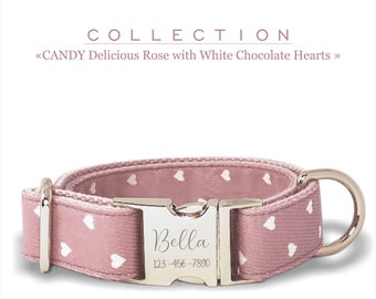 Delizioso collare per cani personalizzato rosa con cuori bianchi di cioccolato, collezione caramelle, collo regolabile per cani piccoli, medi e grandi, fibbia in metallo