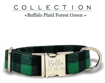 Forest Green Custom Plaid Dog Collar, Buffalo Collection.