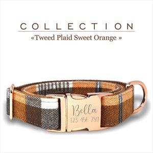 Custom Dog Collar Tweed Plaid Orange and Brown, Adjustable Sizes Small, Medium, and Large ,  Metal Buckle  Engraved.