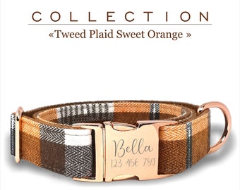 Aangepaste halsband Tweed geruit oranje en bruin, verstelbare maten klein, medium en groot, metalen gesp gegraveerd.