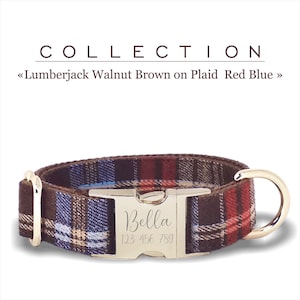 Walnut Brown Custom Dog Collar on Lumberjack Plaid Red and Blue, Adjustable Size for Small,  Medium, and Large Dogs  Metal Buckle Engraved.