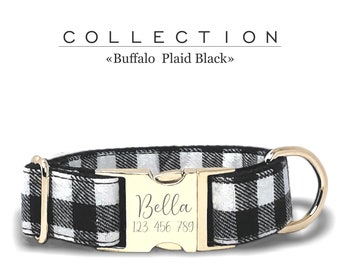 Collar de perro personalizado en blanco y negro, colección Buffalo Plaid para perros pequeños, medianos y grandes, hebilla de metal, correa a juego