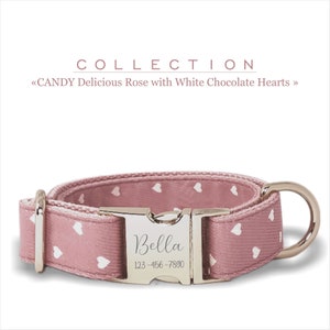 Delicious Rose Custom Dog Collar with White Hearts, Candy Collection, Metal Buckle. image 1