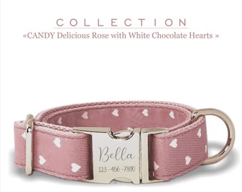 Delizioso collare per cani personalizzato rosa con cuori bianchi, collezione Candy, fibbia in metallo.