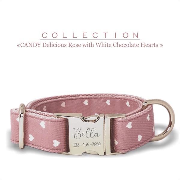 Delicioso Collar para Perro Personalizado Rosa con Corazones Blancos, Colección Candy, Hebilla de Metal.