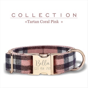 Tartan  Coral Pink Custom Dog Collar,  Adjustable for Small, Medium, Large Dogs, Metal Buckle Engraved.