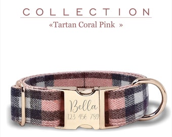 Collar de perro personalizado Tartan Coral Pink, ajustable para perros pequeños, medianos y grandes, hebilla de metal grabada.