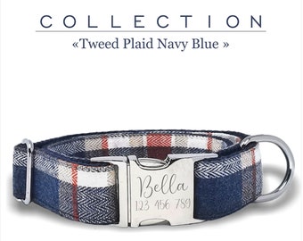 Marineblauwe en rode tweed geruite aangepaste halsband, verstelbare maten klein, medium en groot, metalen gesp gegraveerd.