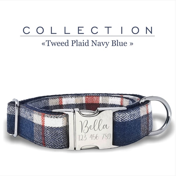 Navy Blue and Red Tweed Plaid Custom Dog Collar, Adjustable Sizes Small, Medium, and Large, Metal Buckle Engraved.