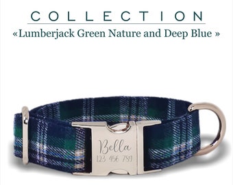 Collier pour chien personnalisé Green Nature sur plaid bleu foncé, collection bûcheron, tailles réglables XS, S, L, M, XL, boucle en métal personnalisée.