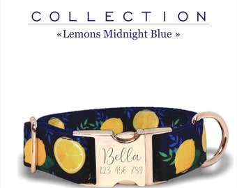 Midnight Blue Custom Fruit Dog Collar, Lemons Collection, Adjustable for Small, Medium, and Large Dogs, Personalized Buckle.