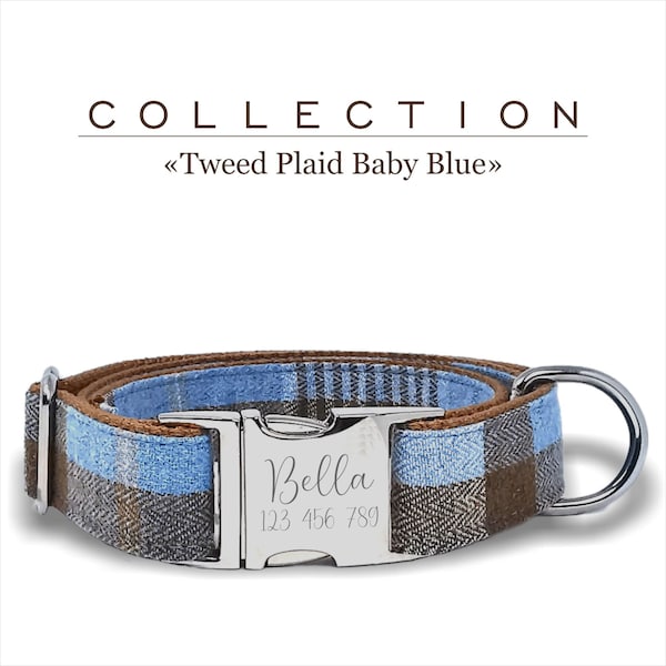 Tweed Plaid Baby Blue and Brown Custom Dog Collar, Adjustable Sizes Small, Medium, and Large,  Metal Buckle Engraved