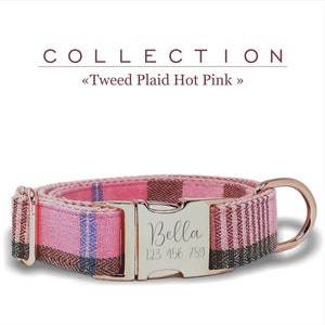 Hot Pink Custom Dog Collar, Tweed Plaid Pattern, Adjustable Sizes Small, Medium, and Large, Metal Buckle Engraved.