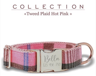 Hot Pink Custom Dog Collar, Tweed Plaid Pattern, Adjustable Sizes Small, Medium, and Large, Metal Buckle Engraved.