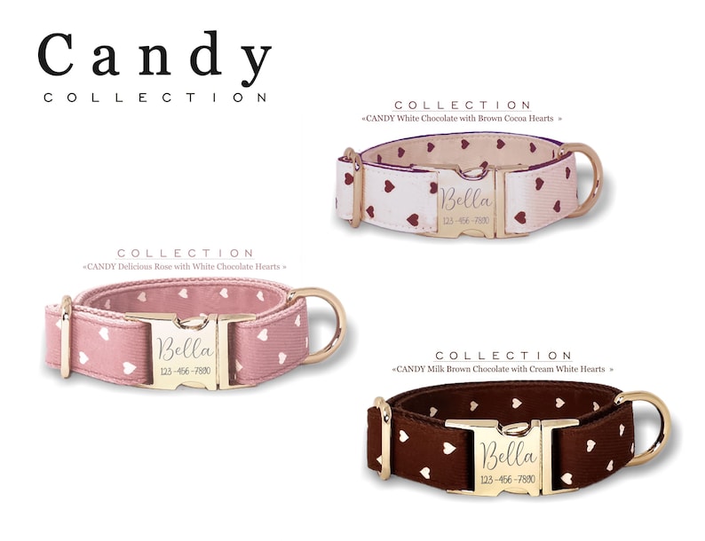 Delicious Rose Custom Dog Collar with White Hearts, Candy Collection, Metal Buckle. image 7