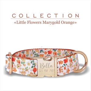 Marygold Orange Customized Collar, Little Flowers Collection, Adjustable for Small, Medium, Large Dogs, Metal Buckle Laser Engraved