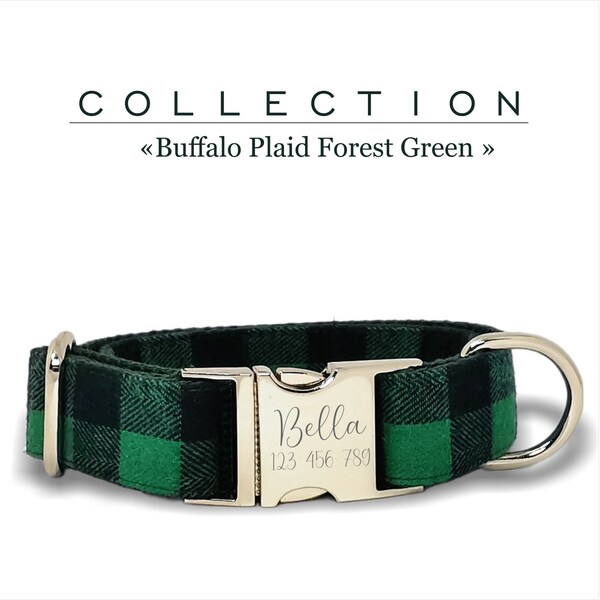 Green Black Custom Dog Collar, Buffalo Plaid Collection for Small, Medium, and Large Dogs, Metal Buckle, Matching Leash.