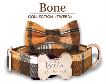 Bone Buckle  Custom Dog Collar, Tweed Sweet Orange  and Brown Plaid, Adjustable Sizes for Small, Medium and Large Dogs.