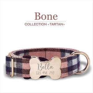 Personalized Bone Buckle  Custom Dog Collar, Tartan Coral Pink Plaid, Adjustable Sizes for Small, Medium and Large Dogs.