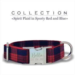 Plaid Red and Blue Custom Dog Collar, Espirit Collection, Adjustable Sizes XS, S, L, M, XL,  Metal Buckle Gold, Silver, RoseGold, Black