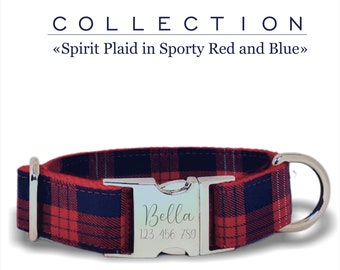 Plaid Red and Blue Custom Dog Collar, Espirit Collection, Adjustable Sizes XS, S, L, M, XL,  Metal Buckle Gold, Silver, RoseGold, Black