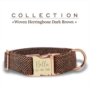 Brown Custom Dog Collar, Woven Herringbone, Adjustable for Small, Medium, Large Dogs, Engraved Metal Buckle.