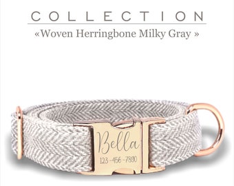 Milky Gray Custom Dog Collar, Woven Herringbone, Adjustable for Small, Medium, and Large Dogs, Metal Custom Buckle.