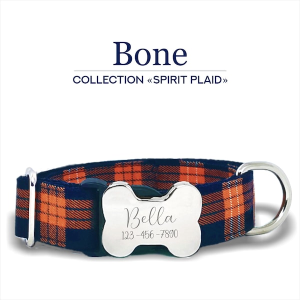 Bone Custom Dog Collar. Plaid Orange and Blue, Adjustable  Small, Medium, and Large  Sizes, Metal Buckle .