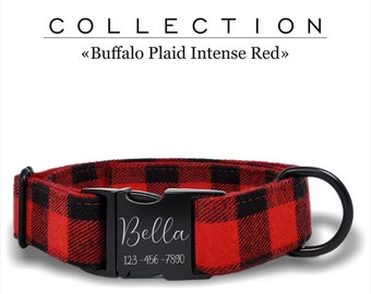 Buffalo Plaid Red Black Custom Dog Collar, Adjustable for Small, Medium, and Large Dogs, Metal Buckle Engraved, Matching Leash and Keychain.