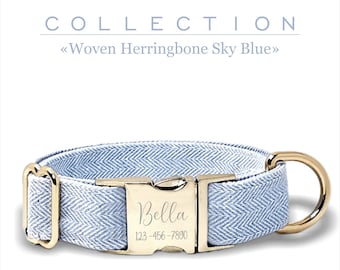 Collar de perro personalizado azul cielo, espiga tejida, ajustable para perros pequeños, medianos y grandes, hebilla de metal personalizada.