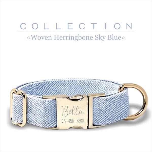 Sky Blue Custom Dog Collar, Woven Herringbone, Adjustable for Small, Medium, and Large Dogs, Metal Buckle Personalized.