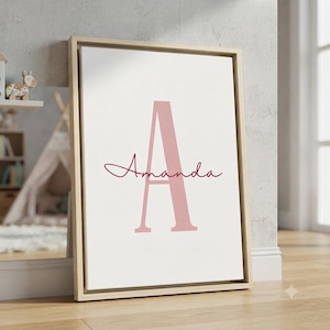 May include: A rectangular wall art print in a light wood frame featuring a large, pale pink capital letter A centered on a white background. The name Amanda is written in a dark pink cursive script font across the middle of the letter A.