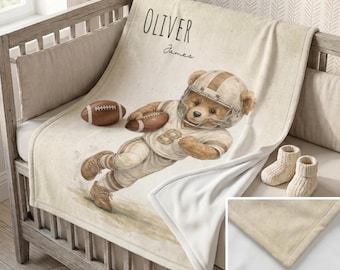 Vintage Teddy Football Player Minky Blanket | Personalized Name Nursery Blanket