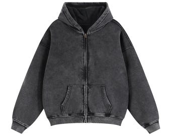 Blank Zip-Through Boxy Hoodie, Gothic Unisex Zipper hooded sweatshirt,Thick Streetwear, Black Loose Hoodie, Cotton Blend Washed Jacket