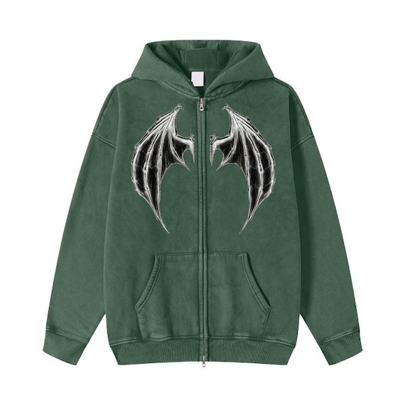 Bat Wings Acid Washed Zip Fleece Hoodie Jacket, 360 GMS