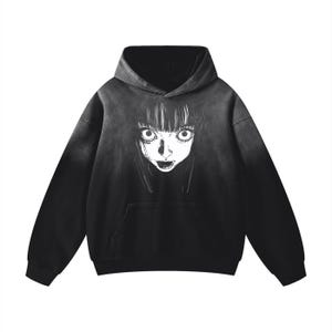 Horror Anime Handcrafted Wash Drop Shoulder, Gothic Japanese Graphic Oversized Hoodie, 100% Cotton Washed Goth Y2K, Harajuku Alt Streetwear