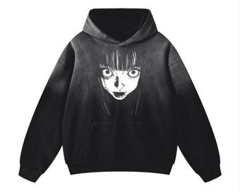 Horror Anime Handcrafted Wash Drop Shoulder, Gothic Japanese Graphic Oversized Hoodie, 100% Cotton Washed Goth Y2K, Harajuku Alt Streetwear