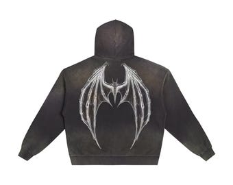Bat Wings Post-Apocalyptic Zip Hoodie,Hand-Frayed Monkey Washed Zipper, Pure Cotton Streetwear, Goth Wings Graphic Y2K, Alternative Clothing