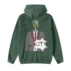 Reptilian Acid Washed Zip Fleece Hoodie Jacket, City Streetwear, Blackish green Hoodie, Back print zip up Y2K Hooded sweatshirt