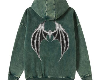 Bat wings Acid Washed Zip Fleece Hoodie Jacket, Gothic Bat Streetwear, Goth blackish green Hoodie, Back print zip up Y2K Hooded sweatshirt