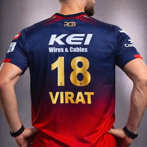 May include: A navy blue and red sports jersey with the text "KEI Wires & Cables" and the number "18" in gold. The name "VIRAT" is also in gold. The jersey has a gradient design.