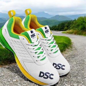May include: Pair of white athletic shoes with green, yellow, and black accents. The shoes have the brand name "DSC" printed on the side and toe. The shoes are on a gravel path with a mountain backdrop.