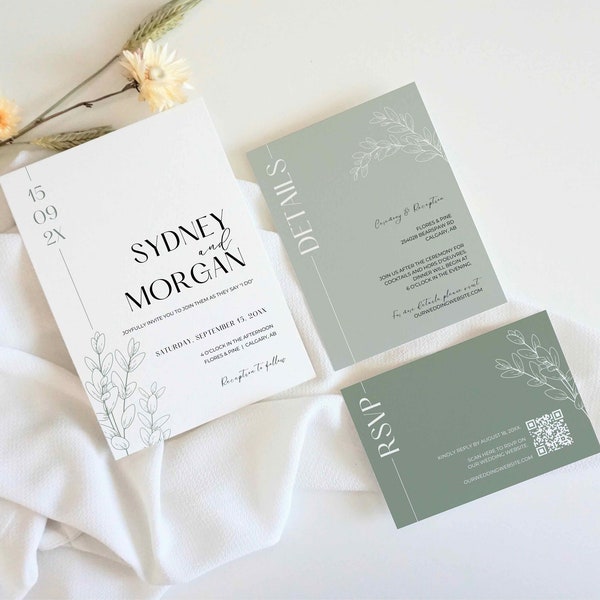 Sage Green Wedding Invitation | Minimalist Wedding Invitation Templates | Boho Wedding Invitation Suite | Canva Templates | Digital Download