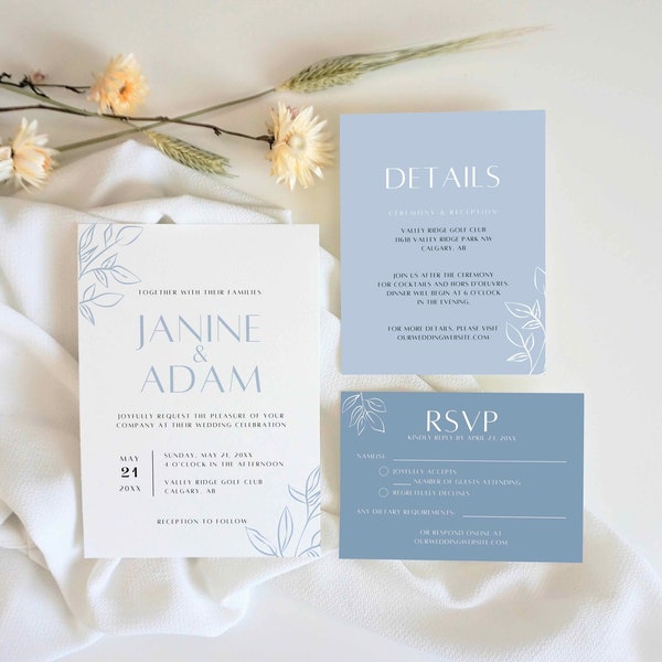 Dusty Blue Wedding Invitation Templates | Floral Wedding Invitation | Modern Wedding Invitation Suite | Canva Templates | Digital Download