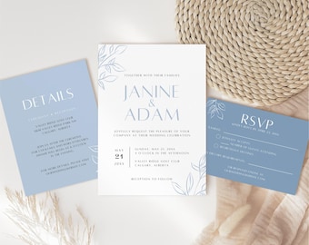 Dusty Blue Wedding Invitation Template | Modern Wedding Invitation Suite | Canva Templates | Digital Download