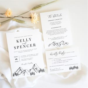 Mountain Wedding Invitation Suite, Minimalistic Templates Editable in Canva, Instant Download